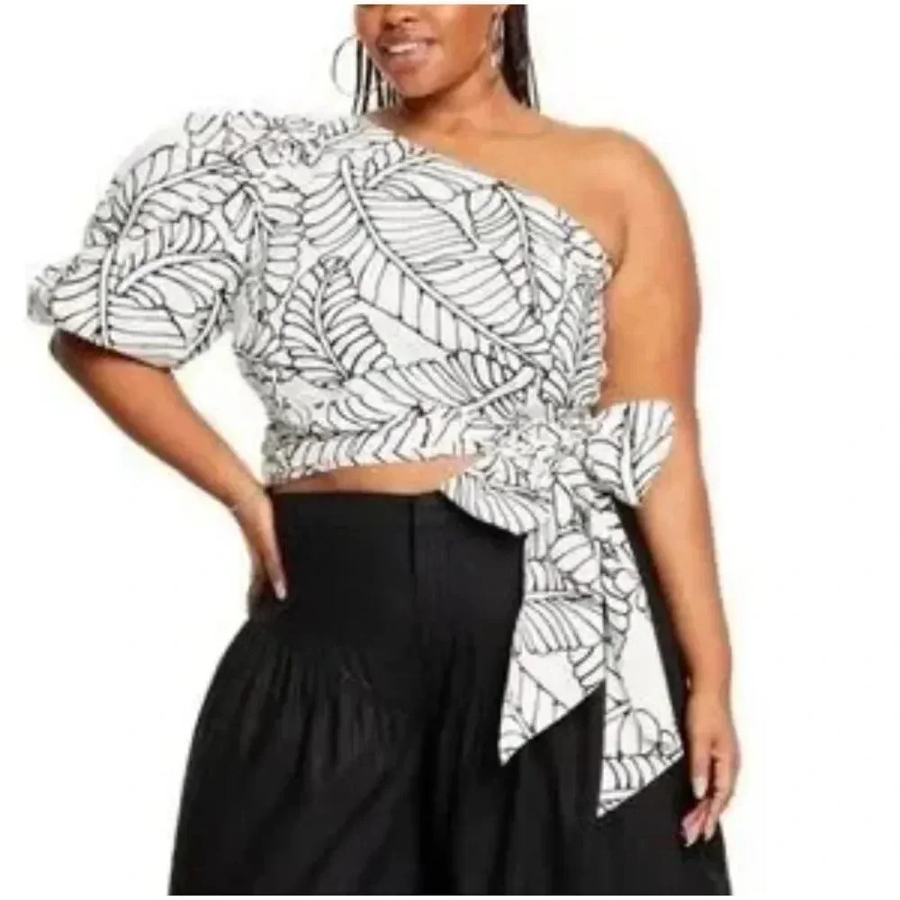 FE NOEL x TARGET | Black White Leaf Floral Print One Shoulder Puff Blouse | 22